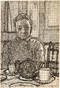 Rouva Mounter aamiaispöydässä, 1916 - 1917 (kynä ja musta muste, osittain naarmuuntunut, neliö punaisella musteella) tekijältä Harold Gilman
